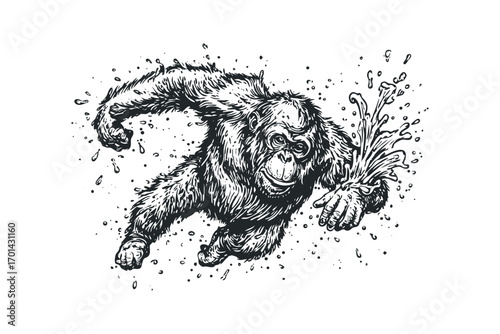 Orangutan primate splashing water in dynamic ink sketch. Vector hand drawn illustration
