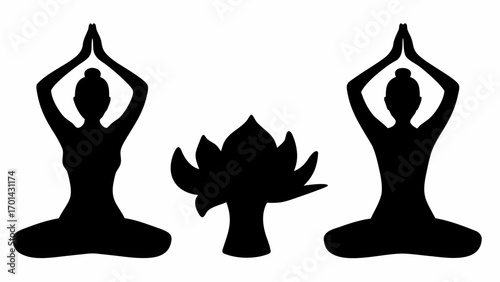 Two yoga poses in silhouette with hands raised and a lotus flower in the center on a white background