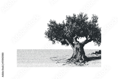 Ancient olive tree with textured bark and dense foliage on transparent background. Vector hand drawn illustration