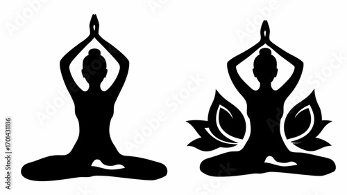 Two yoga poses in silhouette, one with lotus flower, both with hands raised above the head in prayer pose