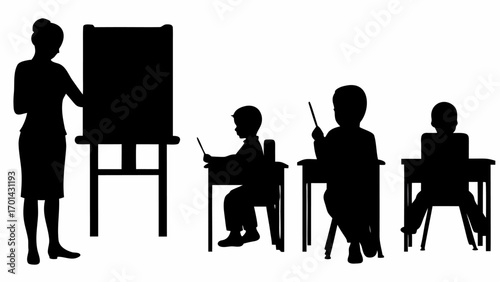 Silhouette of a teacher standing next to a blackboard with students sitting at their desks in a classroom