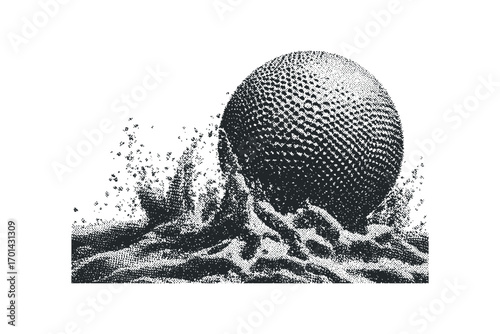 Textured sphere impacting liquid splash. Vector hand drawn illustration