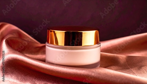 Luxury Face Cream Jar with Gold Lid on Rose Gold Satin