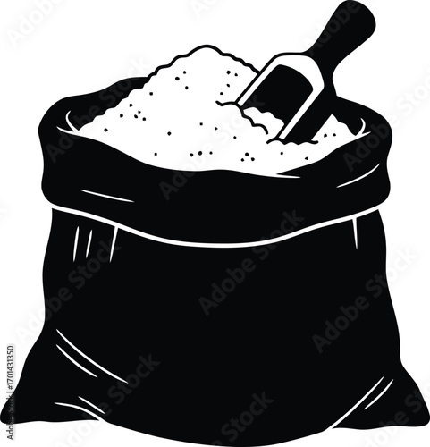 Hand drawn sack of sugar or salt with scoop minimalist ingredient illustration vector