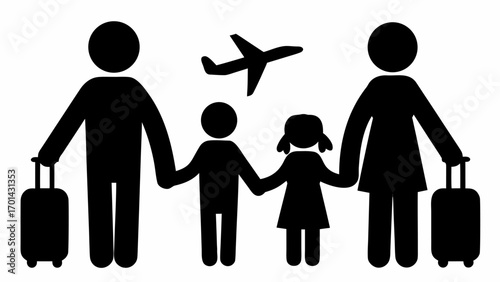 Silhouette of family with two children holding hands with airplane and luggage ready for travel trip