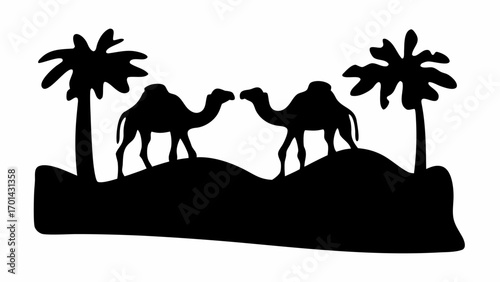 Silhouette of two camels facing each other between two palm trees on sand dunes in a desert scene