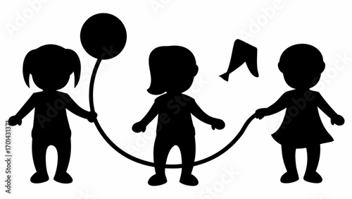 Three children silhouettes playing jump rope with a balloon and a hat in a monochrome illustration