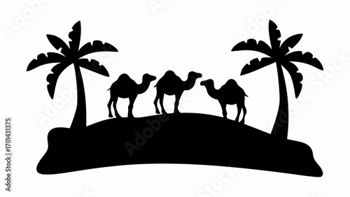 Silhouette of three camels standing on a hill with two palm trees in a black and white desert landscape