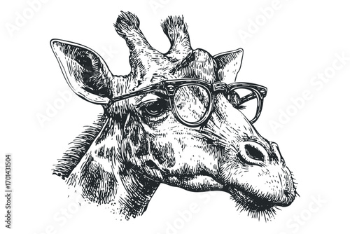 Sketch of a Giraffe Wearing Glasses on Transparent. Vector hand drawn illustration