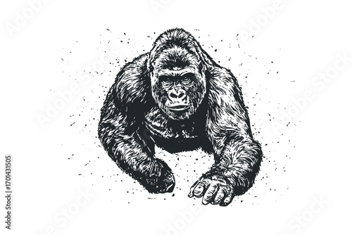 Gorilla primate image with textured fur detail. Vector hand drawn illustration