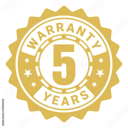 Warranty logo in zig zag circle with 5 years warranty stamp or sticker vector template