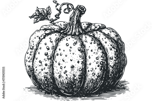 Textured Gourd with Stem and Leaf. Vector hand drawn illustration