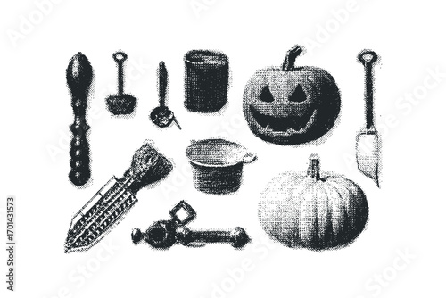 Vintage carving tools and carved pumpkins on transparent background. Vector hand drawn illustration