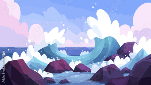 Illustration of ocean waves crashing against rocks under a cloudy sky