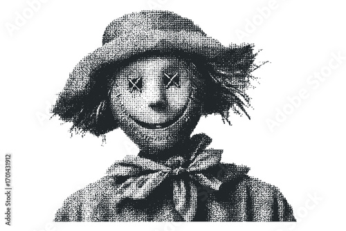 Scarecrow with stitched eyes and smiling mouth on transparent background. Vector hand drawn illustration