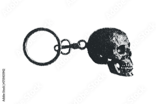 Skull keychain with halftone dot effect on transparent background. Vector hand drawn illustration