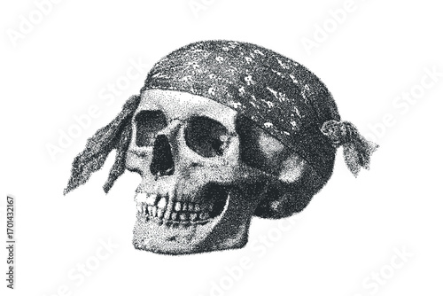 Human skull wearing bandana, stippled texture, transparent. Vector hand drawn illustration