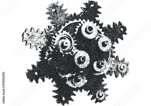 Close up of interlocking gears forming a circular shape on a white background. Vector hand drawn illustration