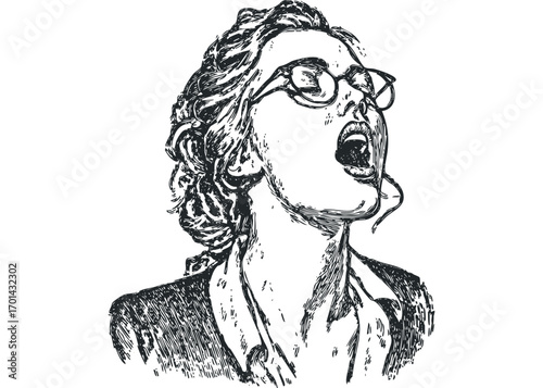 Woman wearing glasses with mouth open in a dramatic pose. Vector hand drawn illustration