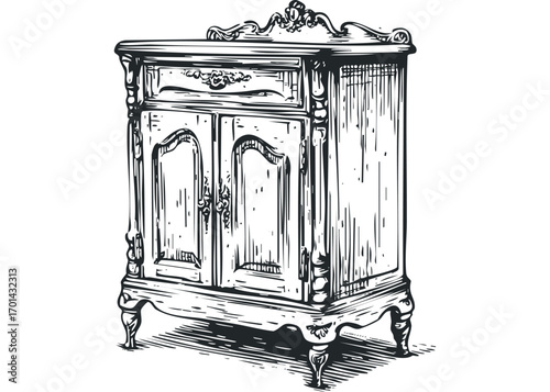 Antique wooden cabinet on transparent background. Vector hand drawn illustration