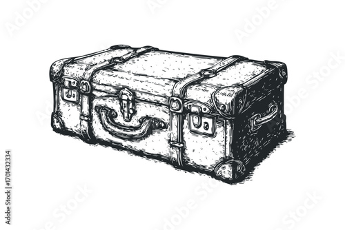 Vintage trunk with leather straps and metal clasps on transparent background. Vector hand drawn illustration