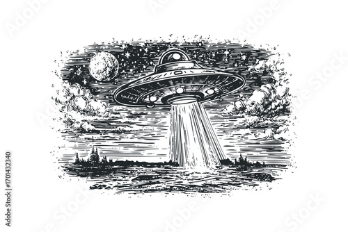 UFO landing with beam of light over landscape and moon. Vector hand drawn illustration