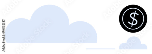 Large cloud with smaller clouds linked, representing data storage and networking, paired with a dollar icon symbolizing business transactions. Ideal for finance, technology, growth, savings