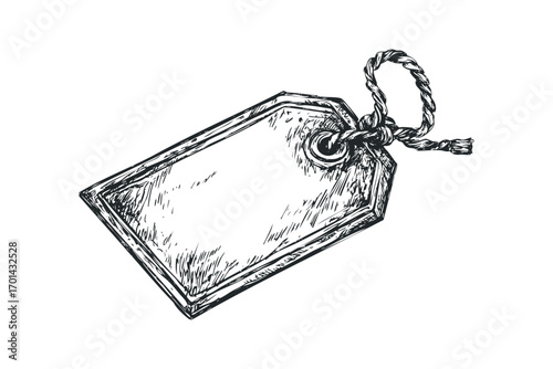 Hand Drawn Tag with Twine on Transparent Background. Vector hand drawn illustration