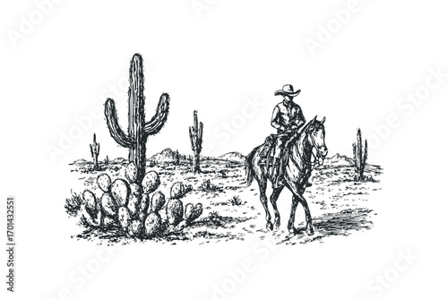 Cowboy riding horse in arid landscape with saguaro cacti image. Vector hand drawn illustration