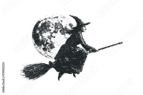 Witch on broomstick flying in front of large full moon,. Vector hand drawn illustration