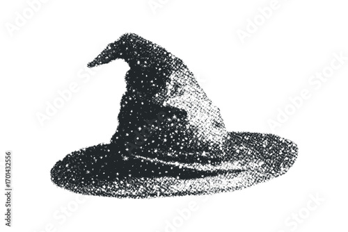 Pointed witch hat covered in scattered small star shapes on transparent background. Vector hand drawn illustration