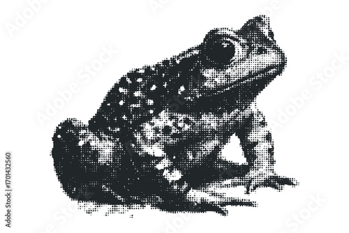 Halftone textured frog posed on isolated white. Vector hand drawn illustration