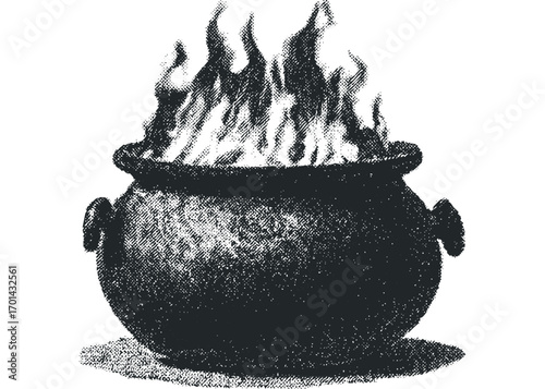 Halftone vintage cauldron with flames, image. Vector hand drawn illustration