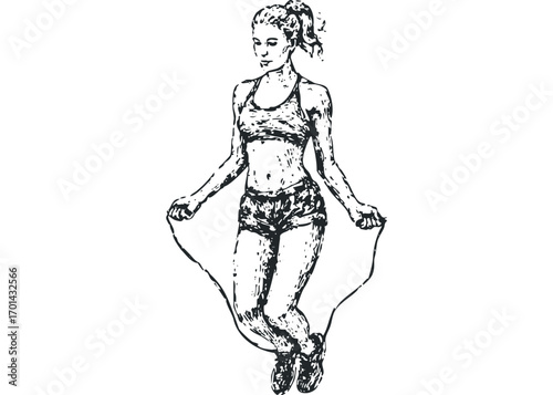 Line drawing of a fit woman jumping rope. Vector hand drawn illustration
