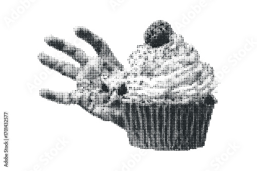 Halftone cupcake and hand shape graphic on transparent. Vector hand drawn illustration