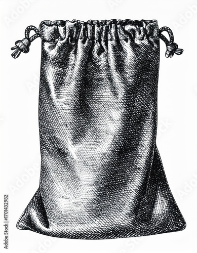 Monochromatic Illustration of a Silken Pouch with Drawstring Closure on White