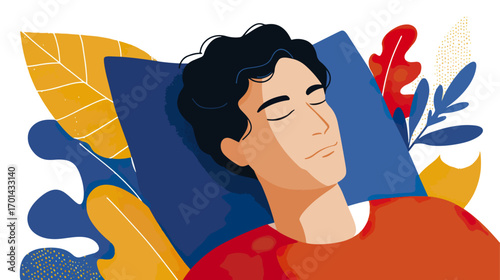 Man resting head on pillow with abstract foliage illustration
