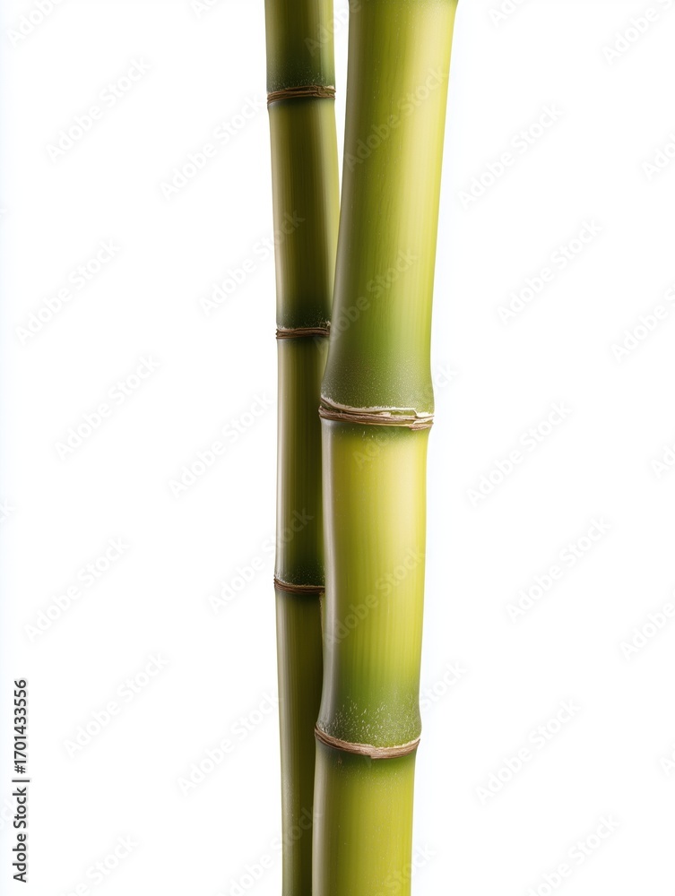 Obraz premium Green bamboo stalks arranged vertically against a white background. The bamboo is healthy and vibrant, showcasing its natural color and texture.