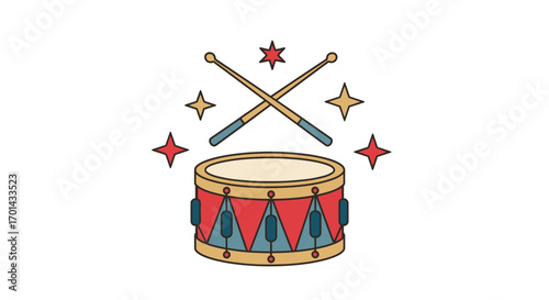 Vintage-style drum illustration with crossed drumsticks and stars.