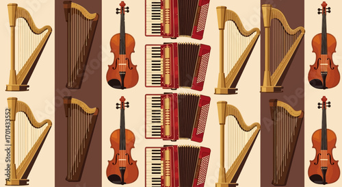 A graphic pattern of harps, violins, and accordions arranged in vertical columns on a striped background.