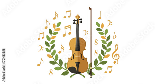 An elegant illustration of a classical violin and bow, framed by a green laurel wreath with golden musical notes and symbols on a white background.