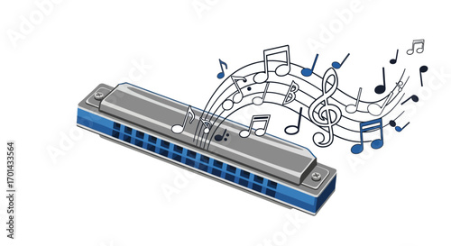 A blue and silver harmonica playing a melody, with musical notes and a treble clef flowing out on a musical staff.