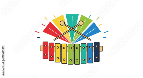 A colorful toy xylophone with crossed mallets and radiating rainbow sound waves.