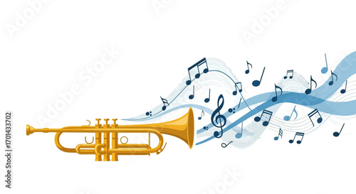 A golden trumpet emits a flowing stream of musical notes and abstract blue wave patterns against a white background, symbolizing the creation and spread of music.