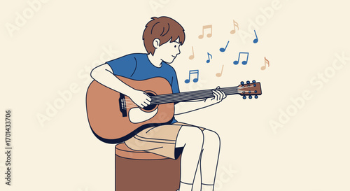 A young person with brown hair, wearing a blue t-shirt and shorts, sits on a stool and plays an acoustic guitar, with musical notes floating in the air around them.