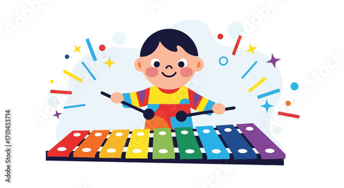A cheerful cartoon boy happily plays a vibrant rainbow xylophone with mallets, surrounded by festive musical elements.