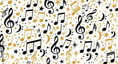 A festive and whimsical pattern of black and gold musical notes, treble clefs, stars, and crescent moons scattered across a white background, evoking a sense...