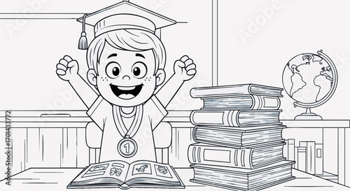 Happy student in graduation cap celebrates academic success, proudly displaying a medal and surrounded by educational books, an inspiring illustration of learning achievement