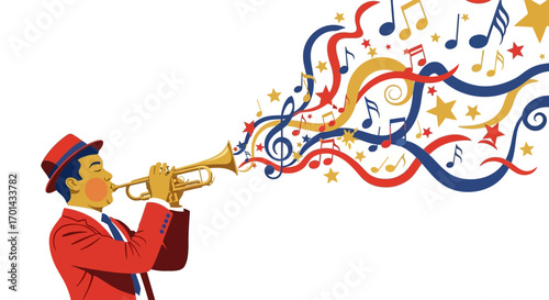 A man in a red suit and hat plays a trumpet, releasing a vibrant explosion of musical notes, stars, and colorful swirling ribbons into the air.