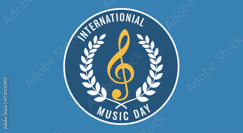 *   Needs to be 6-180 characters.     *   Detailed description, not keywords.     *   Main subjects: International Music Day emblem, treble clef, laurel wrea...